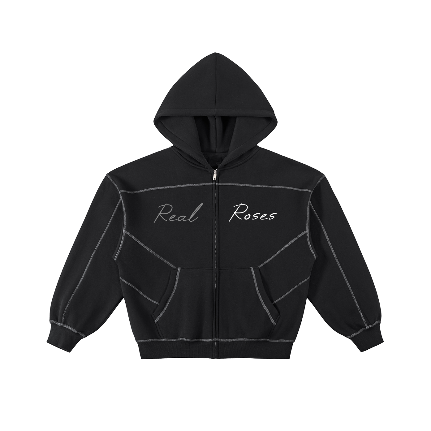 Contrast-Stitched Boxy Fleece Zip Hoodie "Real Roses"