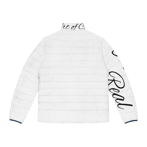 Puffer Jacket — 'Art of God, Real Roses' Floral Script Men’s Quilted Coat