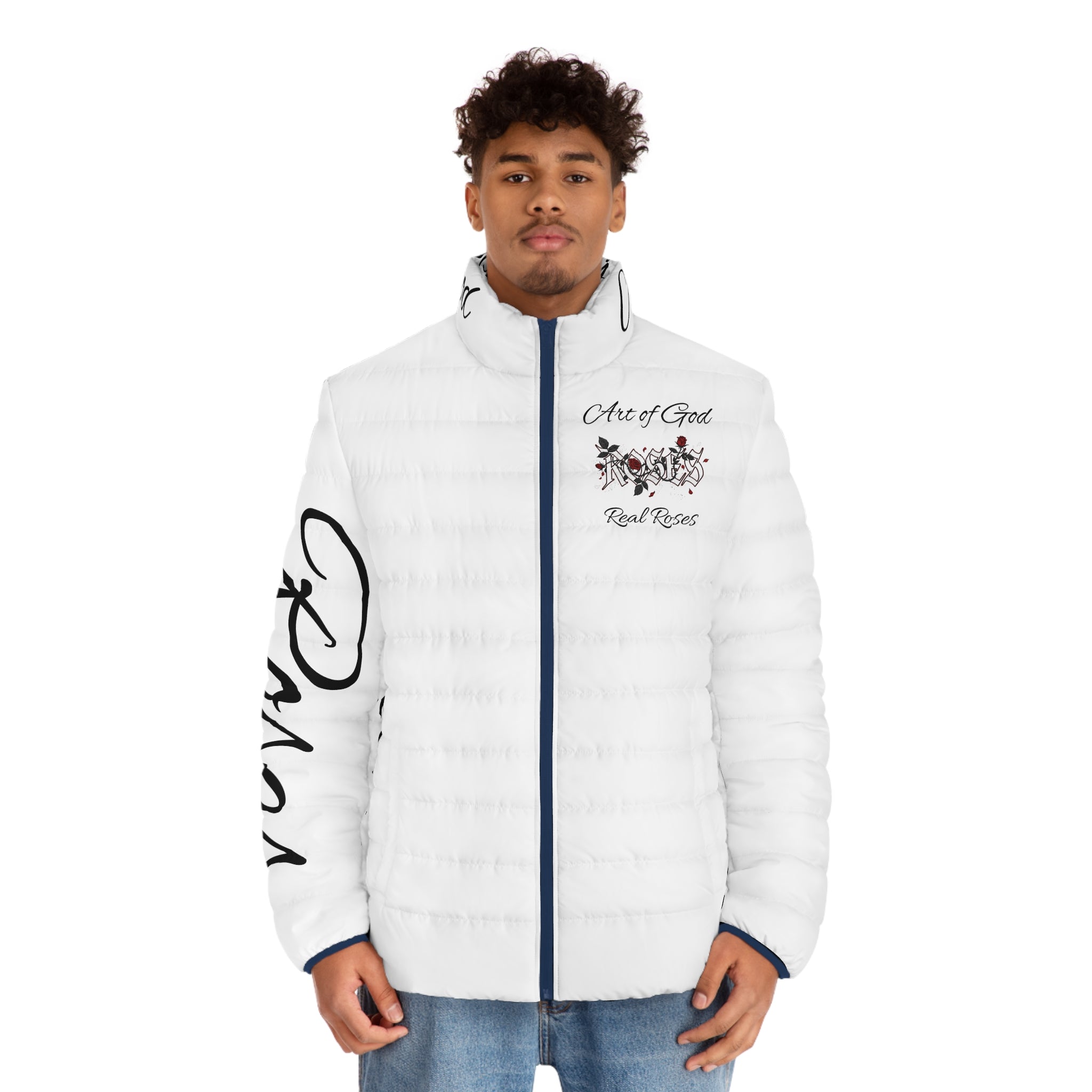 Puffer Jacket — 'Art of God, Real Roses' Floral Script Men’s Quilted Coat
