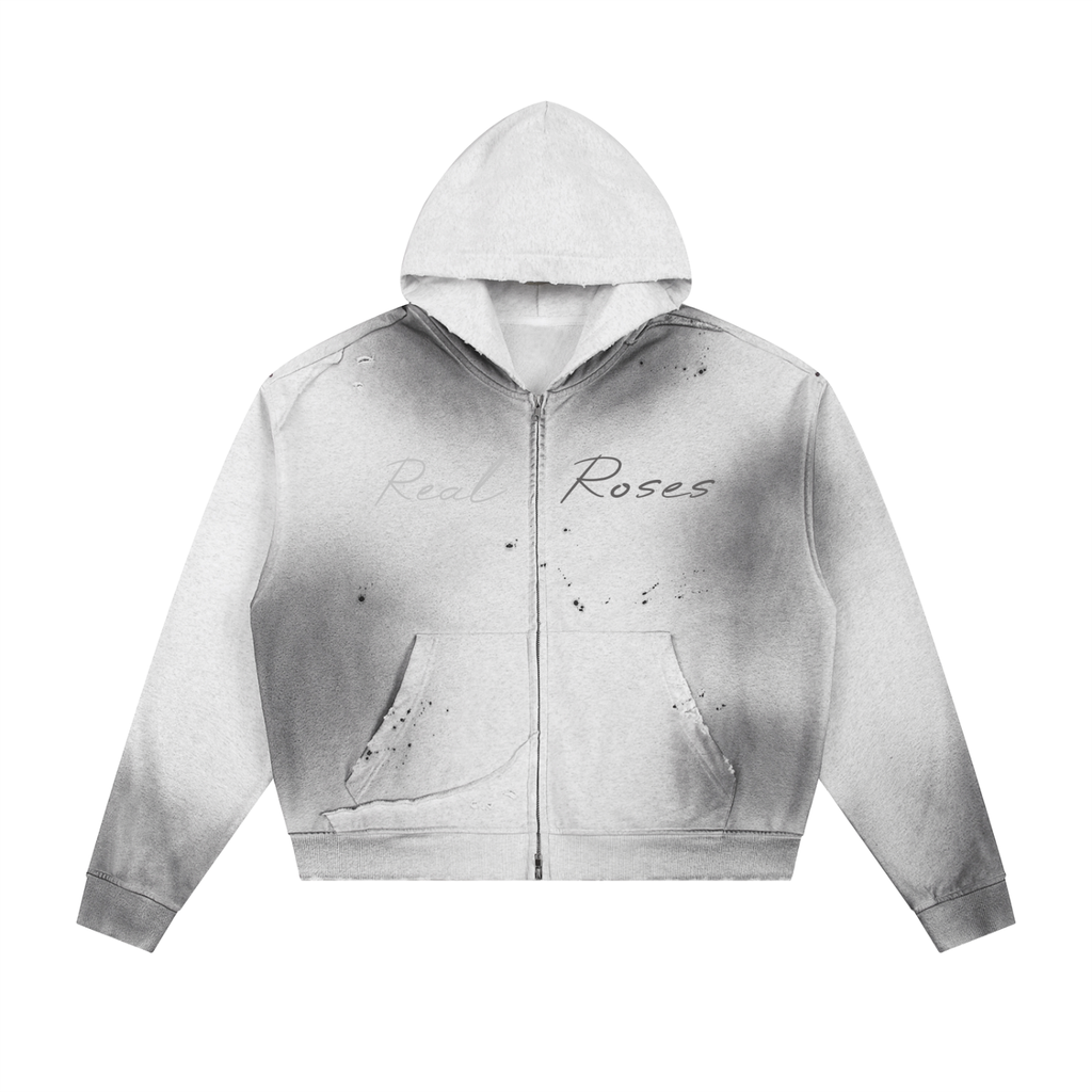 Sun Fade Frayed Raw Edge Fleece Zip Hoodie " Real Roses x Art of God"