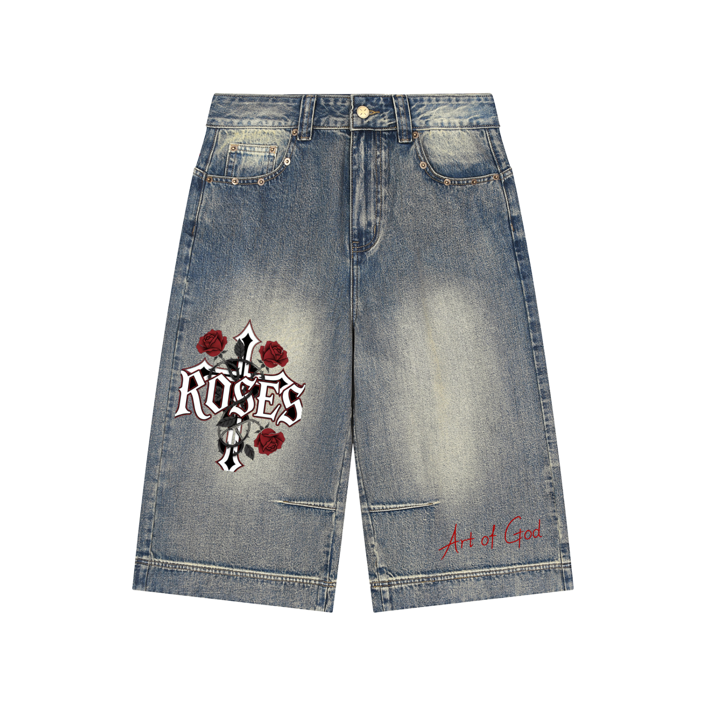 Vintage Wash Baggy Denim Shorts "Art of God" Rose