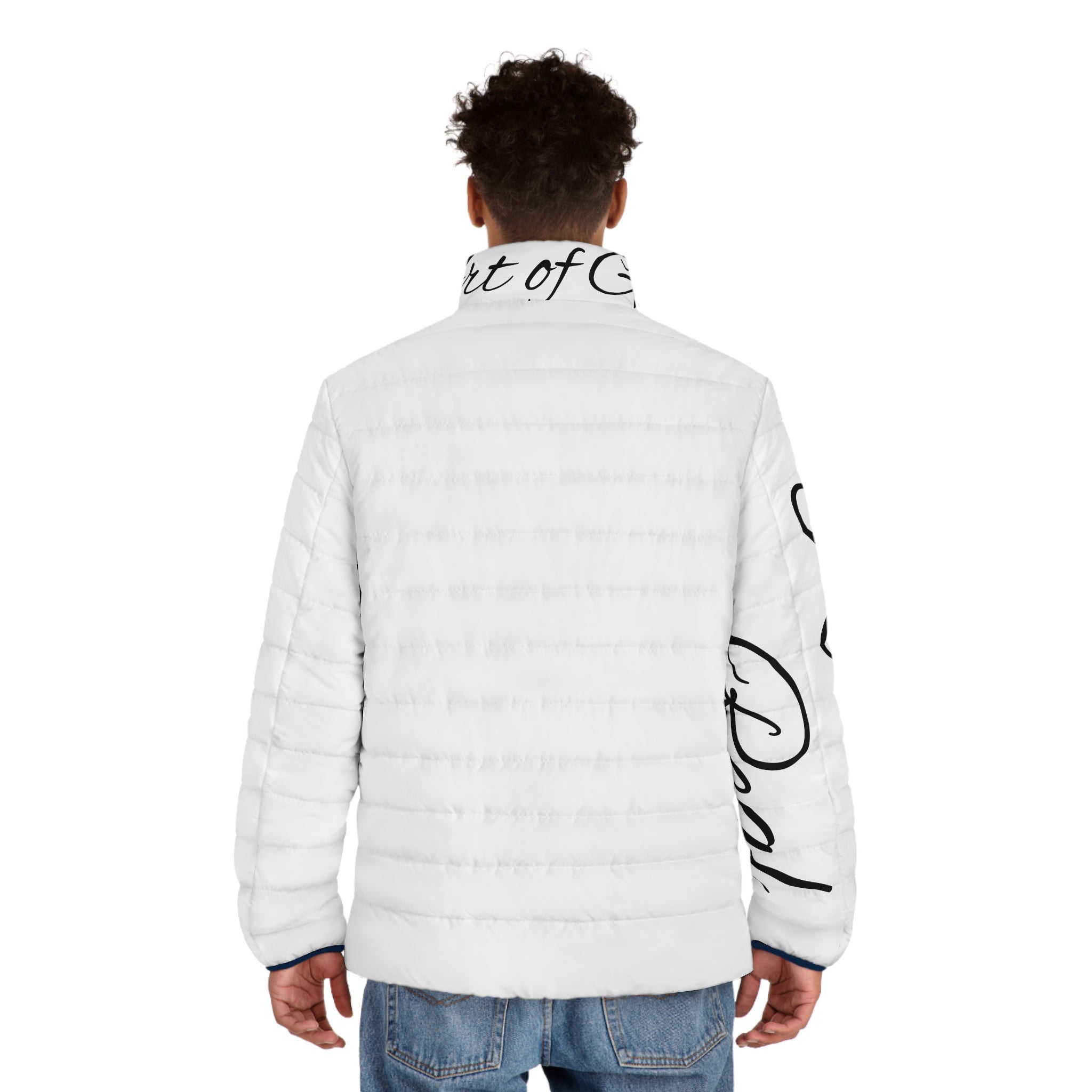 Puffer Jacket — 'Art of God, Real Roses' Floral Script Men’s Quilted Coat
