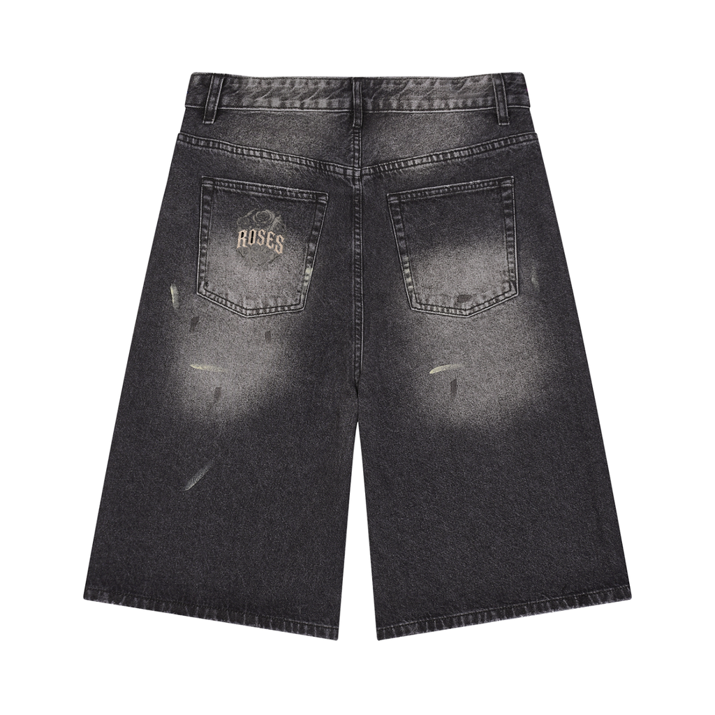 Men’s Vintage Wash Wide Leg Denim Shorts "Roses x STARS"