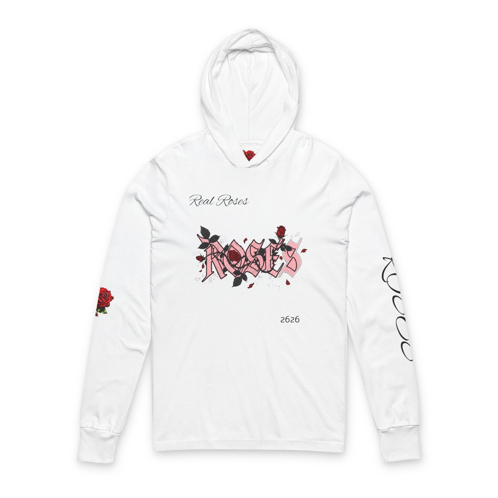 Rose Graphic Hoodie Tee — "Real Roses" Long-Sleeve Hooded Tee