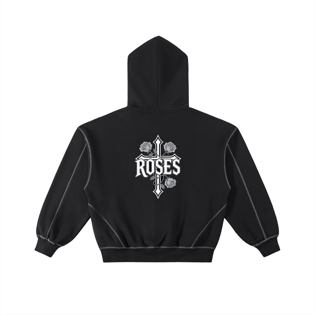 Contrast-Stitched Boxy Fleece Zip Hoodie "Real Roses"