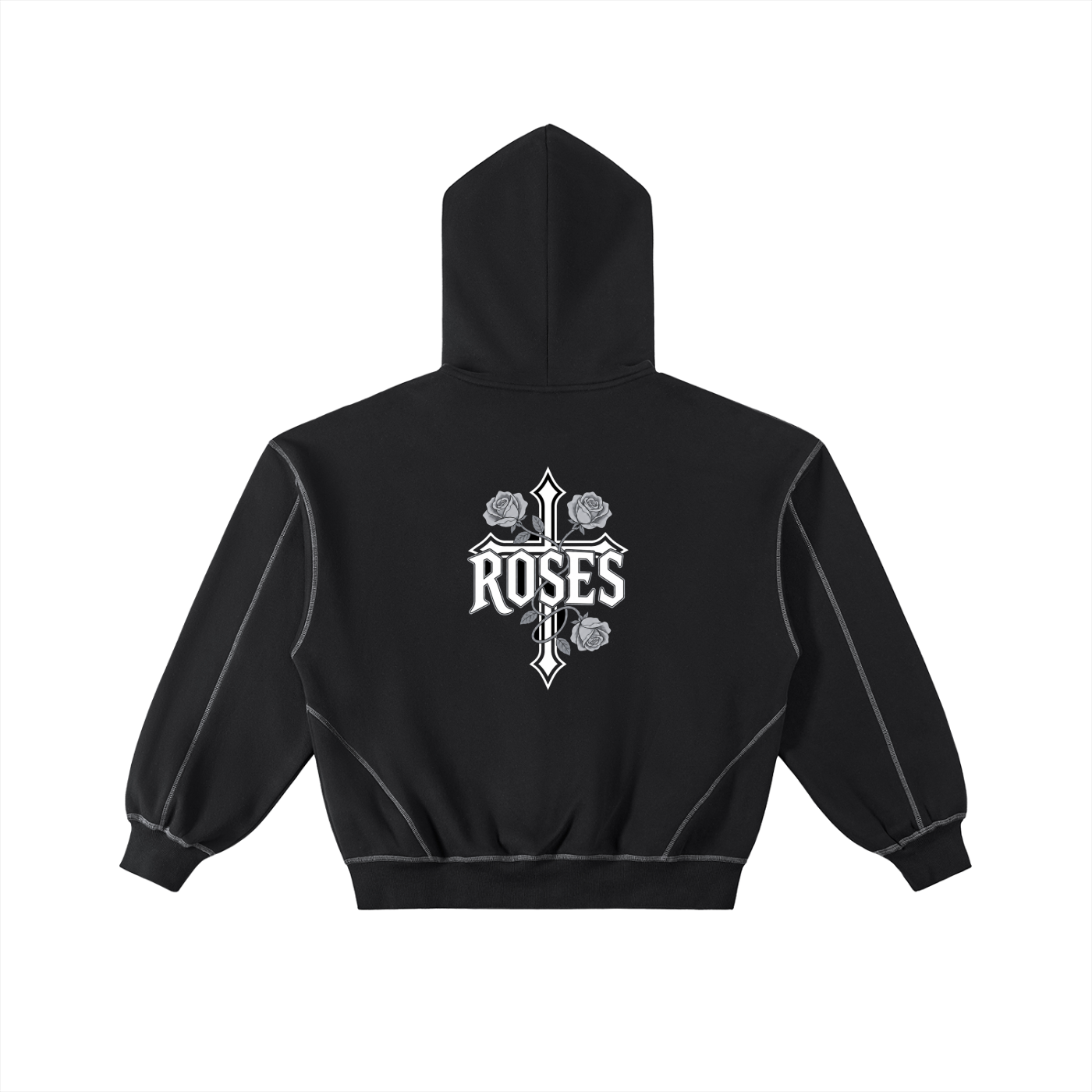 Contrast-Stitched Boxy Fleece Zip Hoodie "Real Roses"