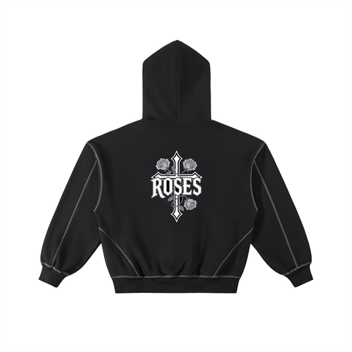 Contrast-Stitched Boxy Fleece Zip Hoodie "Real Roses"