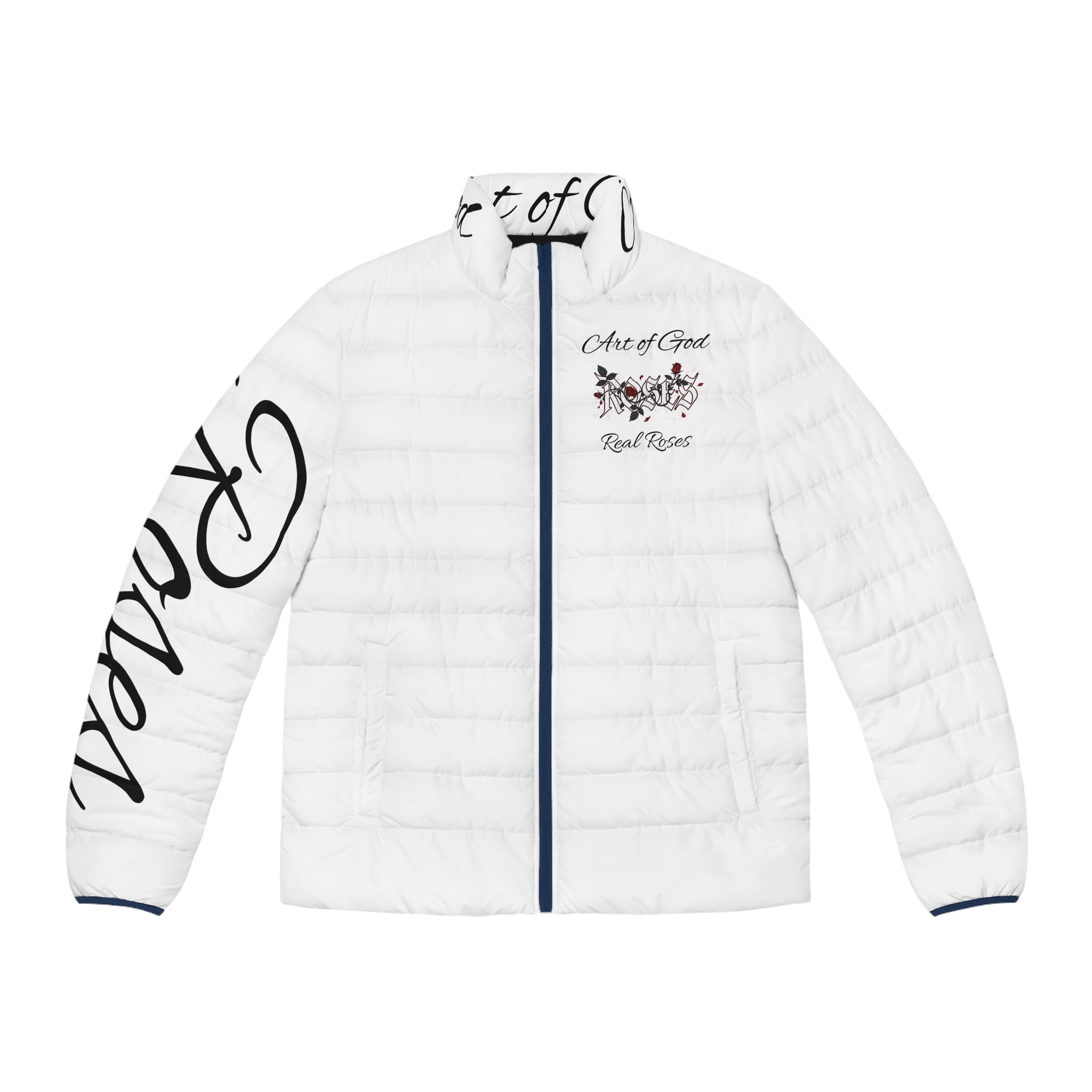 Puffer Jacket — 'Art of God, Real Roses' Floral Script Men’s Quilted Coat