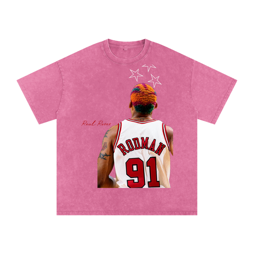 Snow Washed Oversized Cotton T-Shirt " Dennis Rodman x Real Roses x Art of God"