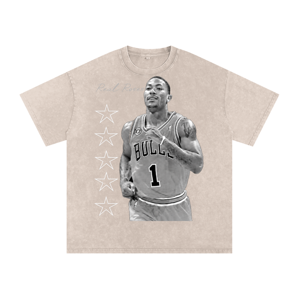 Snow Washed Oversized Cotton T-Shirt " D ROSES x Real Roses" Grey and White