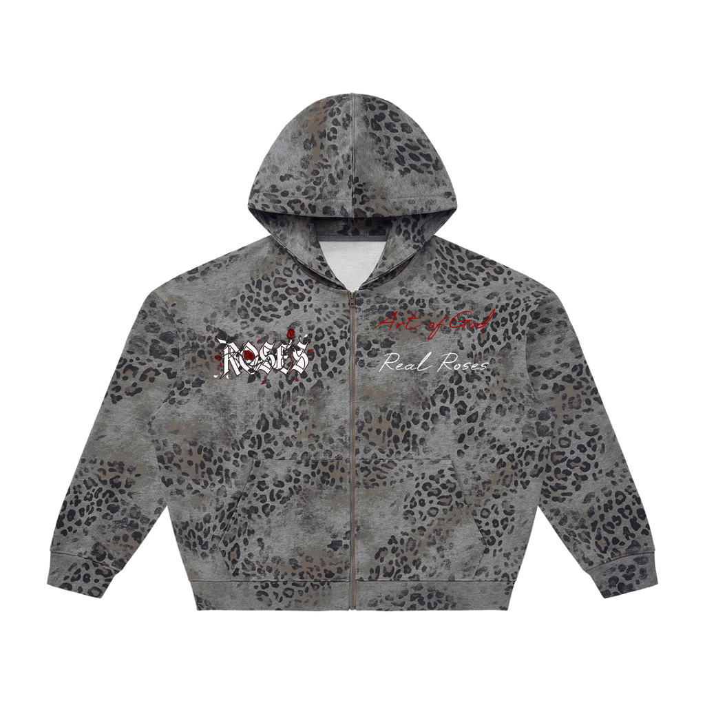 Unisex Vintage Wash Leopard Full Zip Hoodie "Real Roses x Art of God"