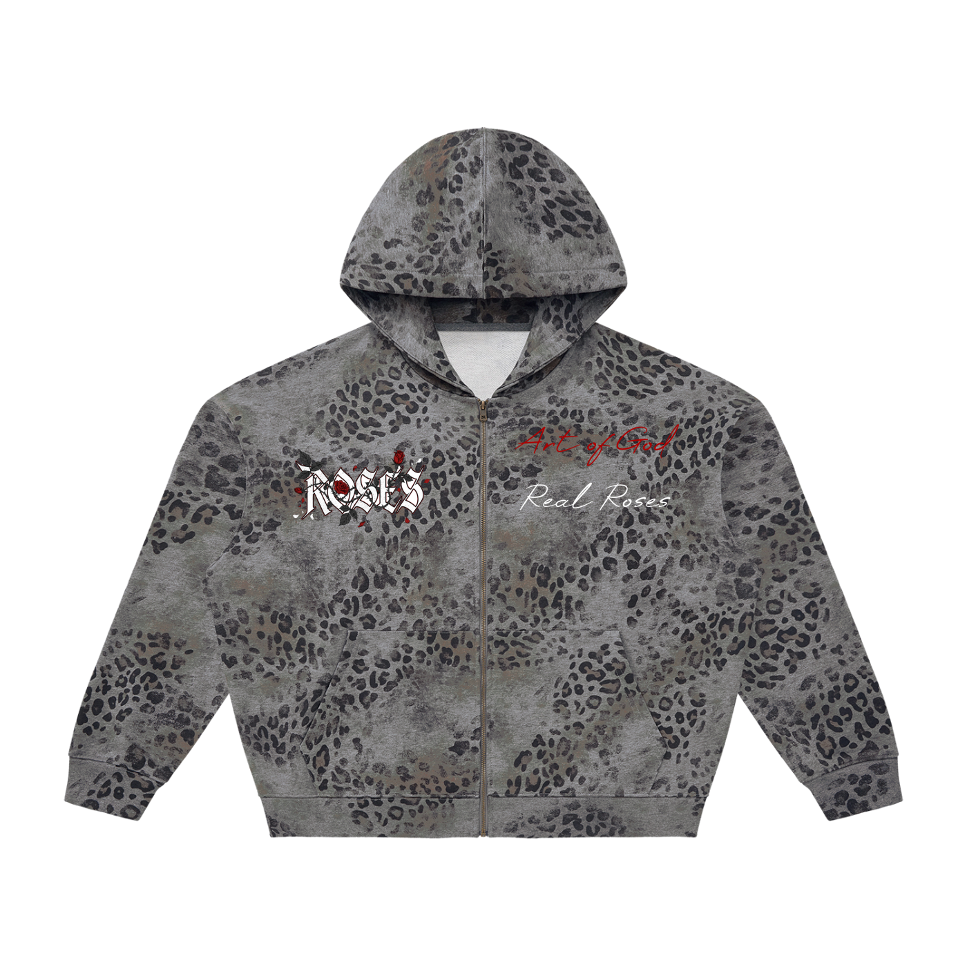 Unisex Vintage Wash Leopard Full Zip Hoodie "Real Roses x Art of God"