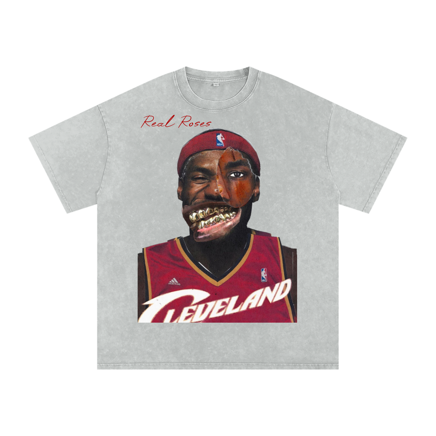 Snow Washed Oversized Cotton T-Shirt " LEBRON (DEFORMED) x Real Roses"