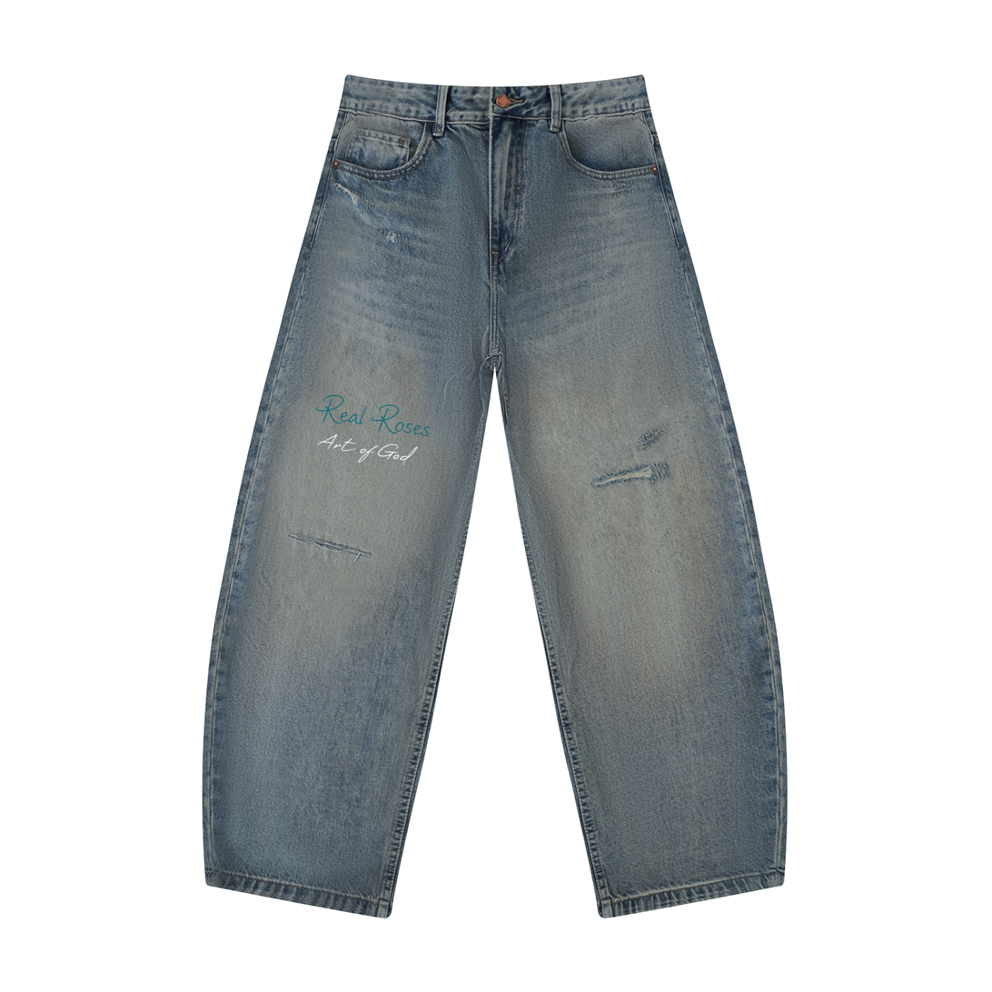 Men's Distressed Barrel Leg Jeans "Real Roses x Art of God"